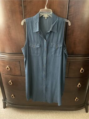 Neiman Marcus Sleeveless Chambray Button-Front Dress- Denim Blue